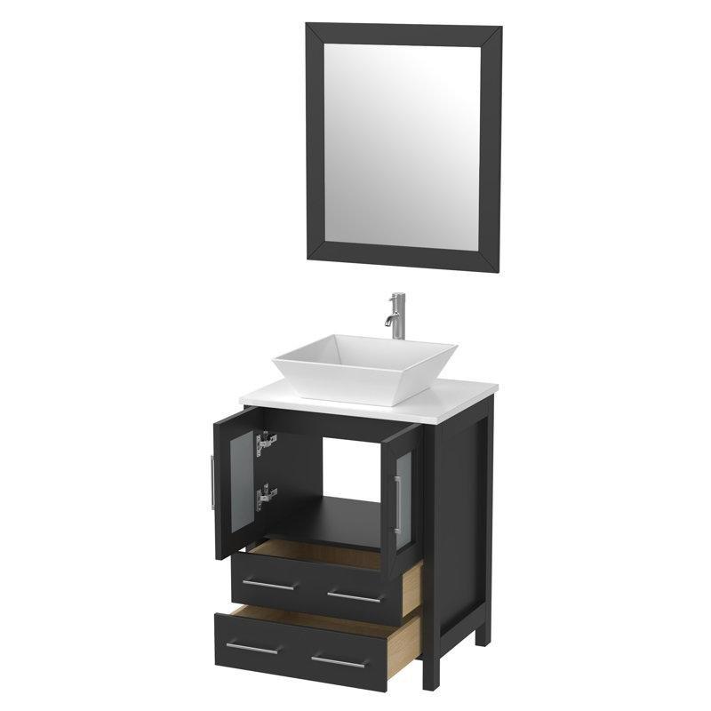 Beyaz Mermer Kompozit Tezgahlı Masif Ahşap Aynalı Çekmeceli Ayaklı Banyo Lavabo Dolabı - 61 cm - 200903