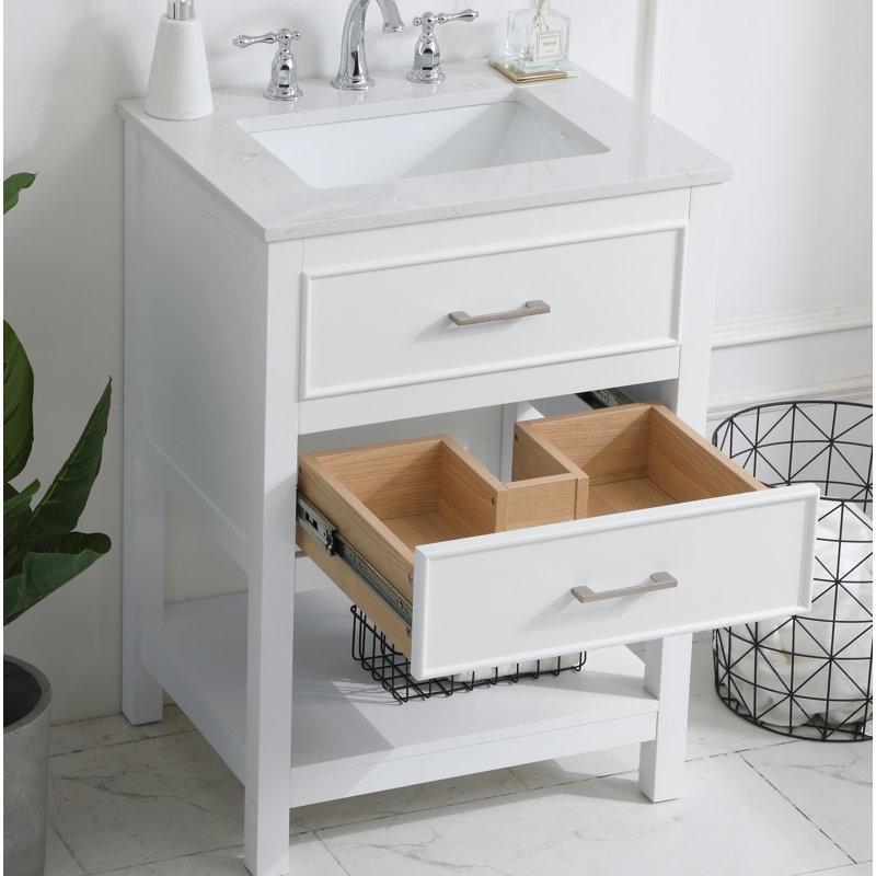 Beyaz Mermer Kompozit Tezgahlı Masif Ahşap Çekmeceli Raflı Banyo Lavabo Dolabı - 61 cm - 202209
