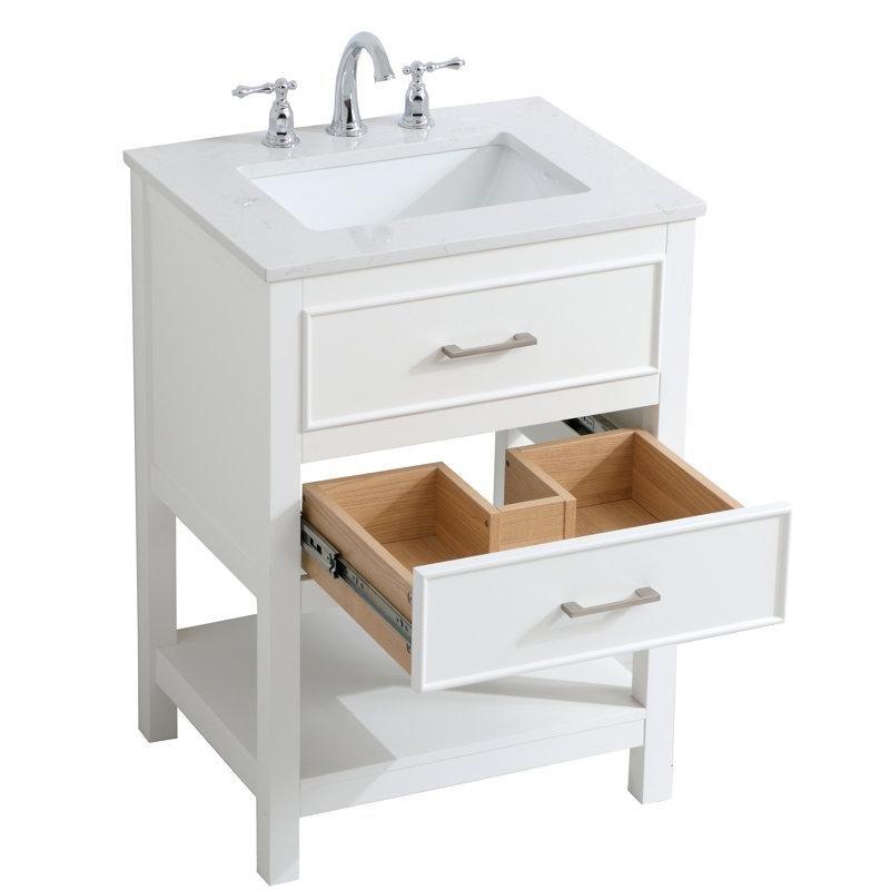 Beyaz Mermer Kompozit Tezgahlı Masif Ahşap Çekmeceli Raflı Banyo Lavabo Dolabı - 61 cm - 202209