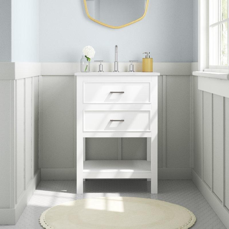 Beyaz Mermer Kompozit Tezgahlı Masif Ahşap Çekmeceli Raflı Banyo Lavabo Dolabı - 61 cm - 202209