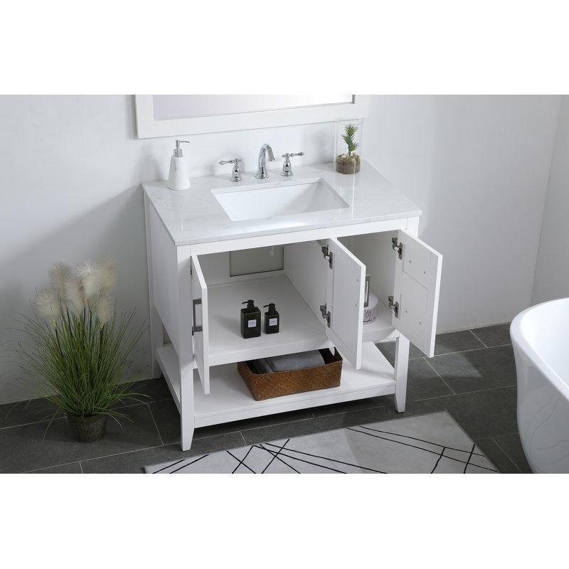 Beyaz Mermer Kompozit Tezgahlı Masif Ahşap ve MDF Ayaklı Banyo Lavabo Dolabı - 92 cm - 200083