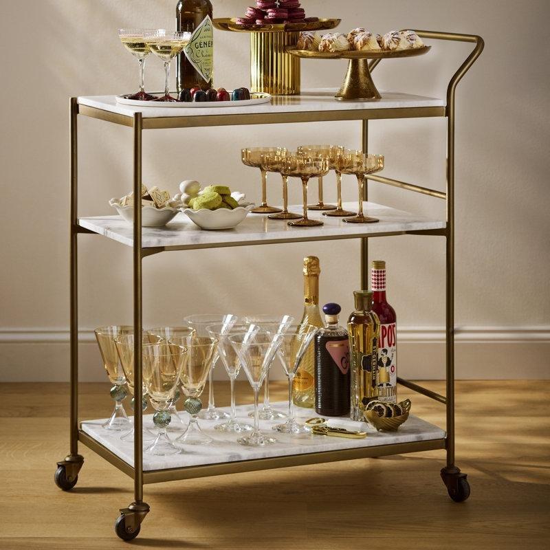 Beyaz Mermer Raflı Antik Gold Demir Tekerlekli Servis Arabası - 77 cm - 178196