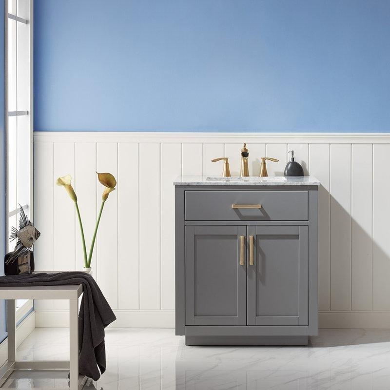 Beyaz Mermer Tezgahlı Ahşap Ayaklı Çekmeceli Banyo Lavabo Dolabı - 77 cm - 200497