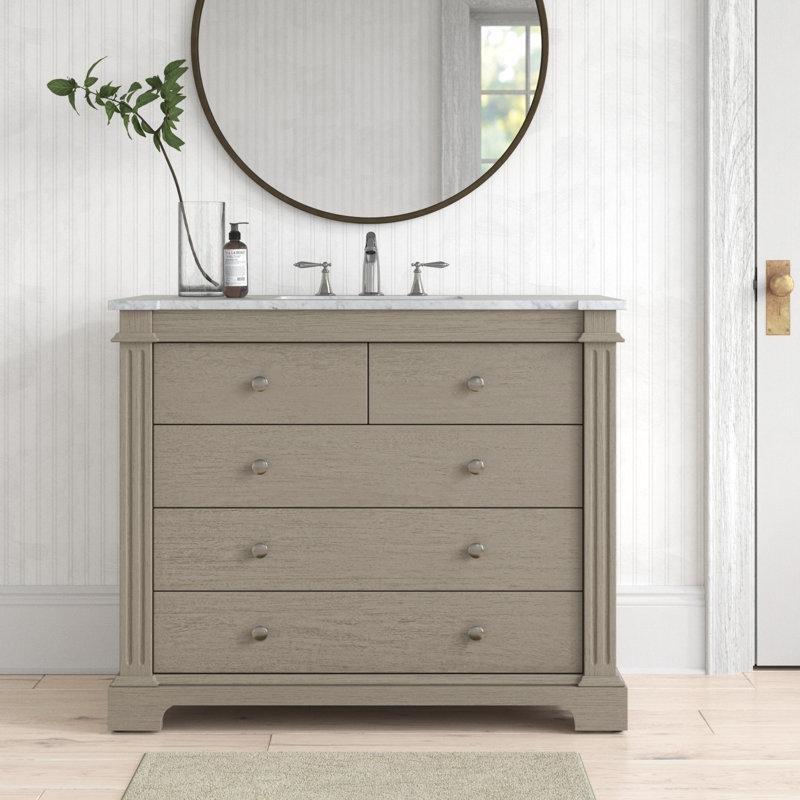 Beyaz Mermer Tezgahlı Akasya Ahşap Çekmeceli Ayaklı Banyo Lavabo Dolabı - 107 cm - 199891