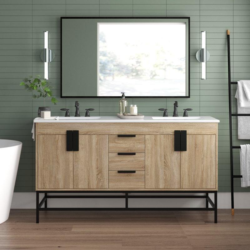 Beyaz Mermer Tezgahlı Çelik Ayaklı Çekmeceli İkili Banyo Lavabo Dolabı - 153 cm - 199801