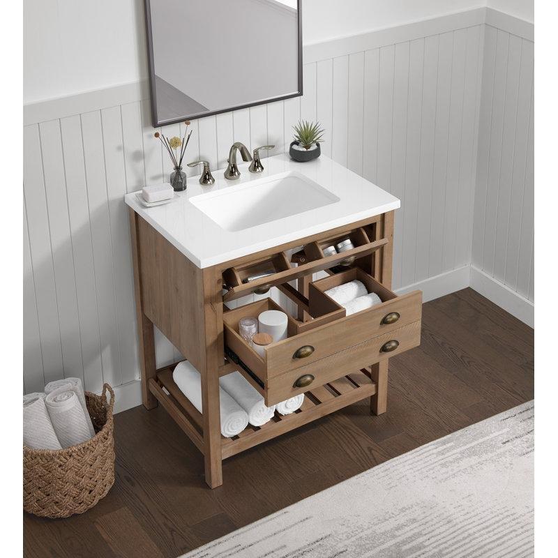 Beyaz Mermer Tezgahlı Driftwood Masif Çam Ahşap Ayaklı İkili Banyo Lavabo Dolabı Seti - 79 cm - 199032