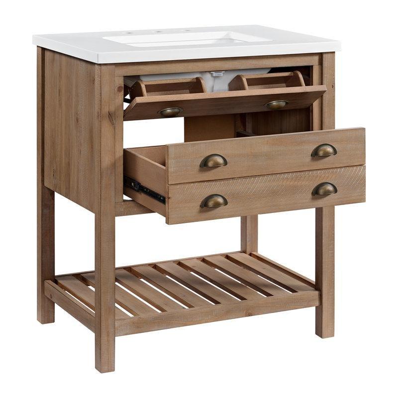 Beyaz Mermer Tezgahlı Driftwood Masif Çam Ahşap Ayaklı İkili Banyo Lavabo Dolabı Seti - 79 cm - 199032