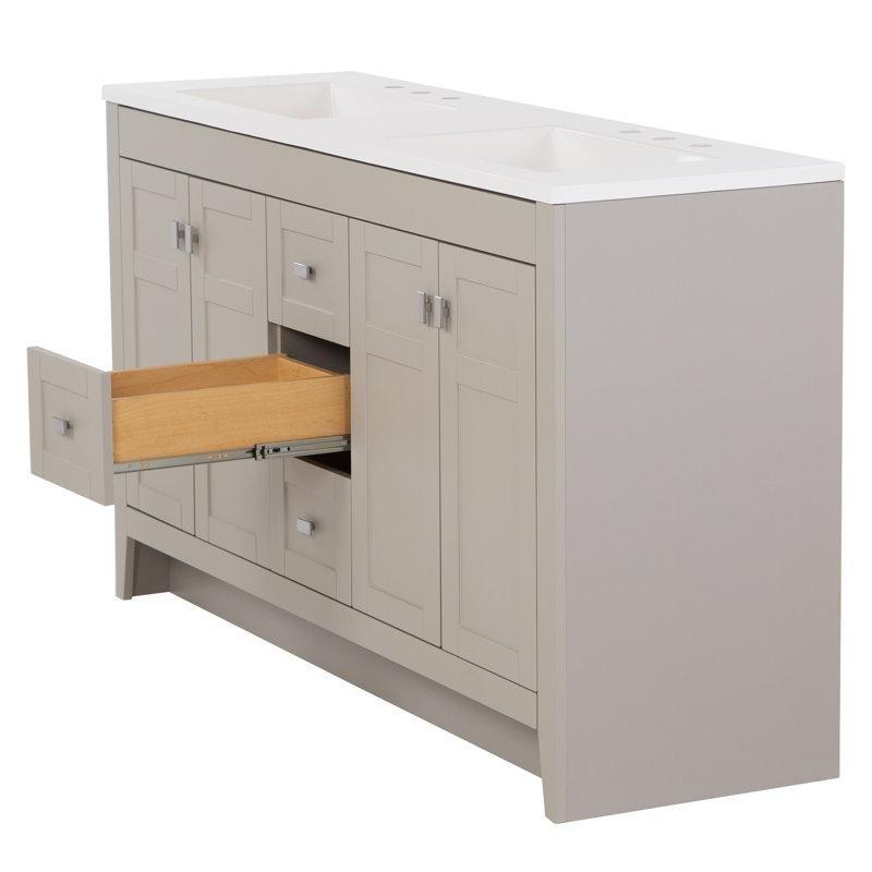 Beyaz Mermer Tezgahlı Endüstriyel Ahşap Çift Lavabolu Çekmeceli Banyo Dolabı - 154 cm - 198812