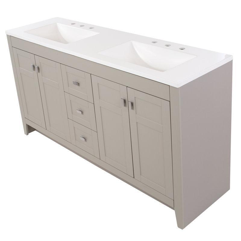 Beyaz Mermer Tezgahlı Endüstriyel Ahşap Çift Lavabolu Çekmeceli Banyo Dolabı - 154 cm - 198812