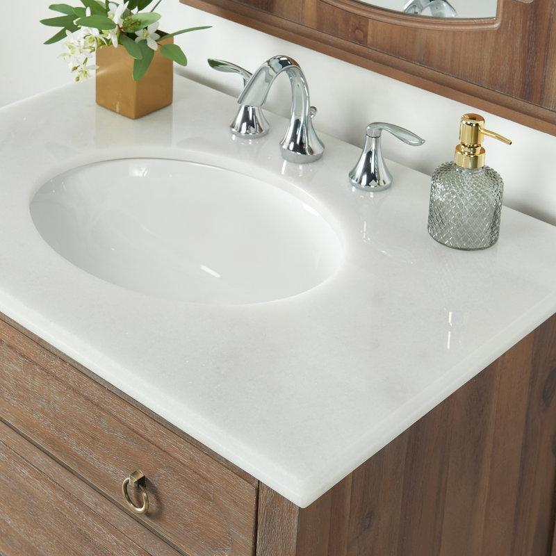 Beyaz Mermer Tezgahlı Eskitme Gri Masif Ahşap ve MDF 4 Çekmeceli Banyo Lavabo Dolabı - 79x56 cm - 199482