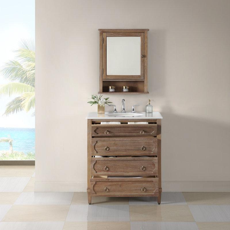 Beyaz Mermer Tezgahlı Eskitme Gri Masif Ahşap ve MDF 4 Çekmeceli Banyo Lavabo Dolabı - 79x56 cm - 199482