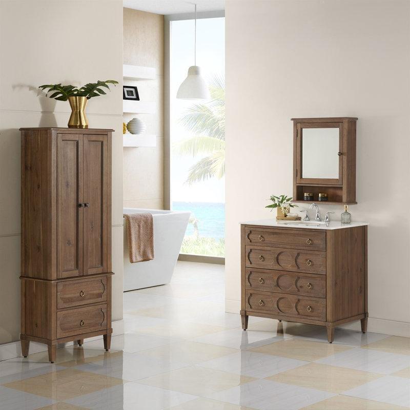 Beyaz Mermer Tezgahlı Gri Masif Akasya Ahşap 4 Çekmeceli Banyo Lavabo Dolabı - 92 cm - 199182