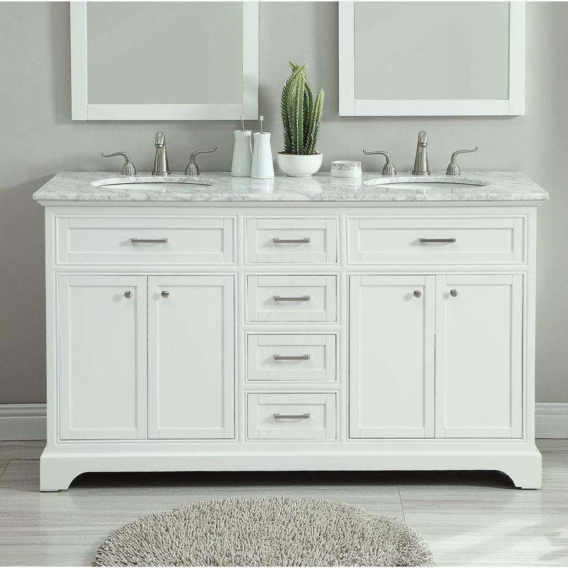Beyaz Mermer Tezgahlı Huş Ağacı İkili Ayaklı 4 Çekmeceli Banyo Lavabo Dolabı - 153 cm - 200591