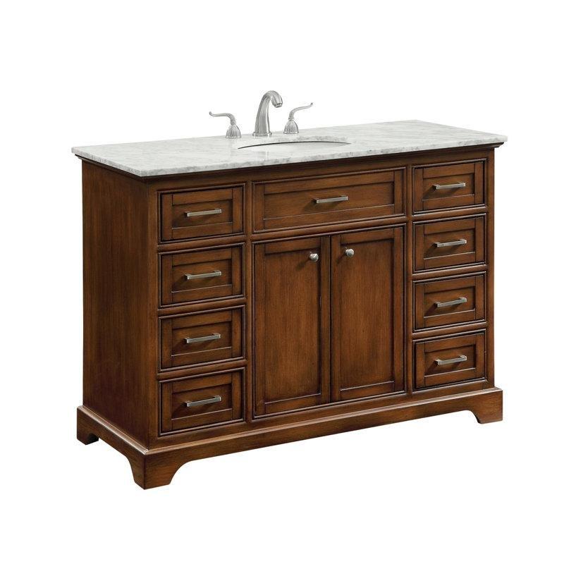Beyaz Mermer Tezgahlı Masif Ahşap 8 Çekmeceli Banyo Lavabo Dolabı - 122 cm - 201868