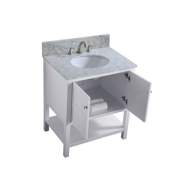 Beyaz Mermer Tezgahlı Masif Ahşap Ayaklı Banyo Lavabo Dolabı - 77 cm - 200352