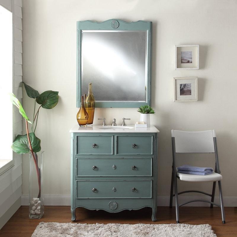Beyaz Mermer Tezgahlı Masif Ahşap Aynalı ve Çekmeceli Banyo Lavabo Dolabı - 87 cm - 199401