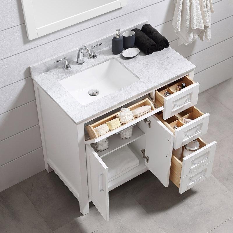 Beyaz Mermer Tezgahlı Masif Ahşap Çekmeceli Banyo Lavabo Dolabı - 92 cm - 201326