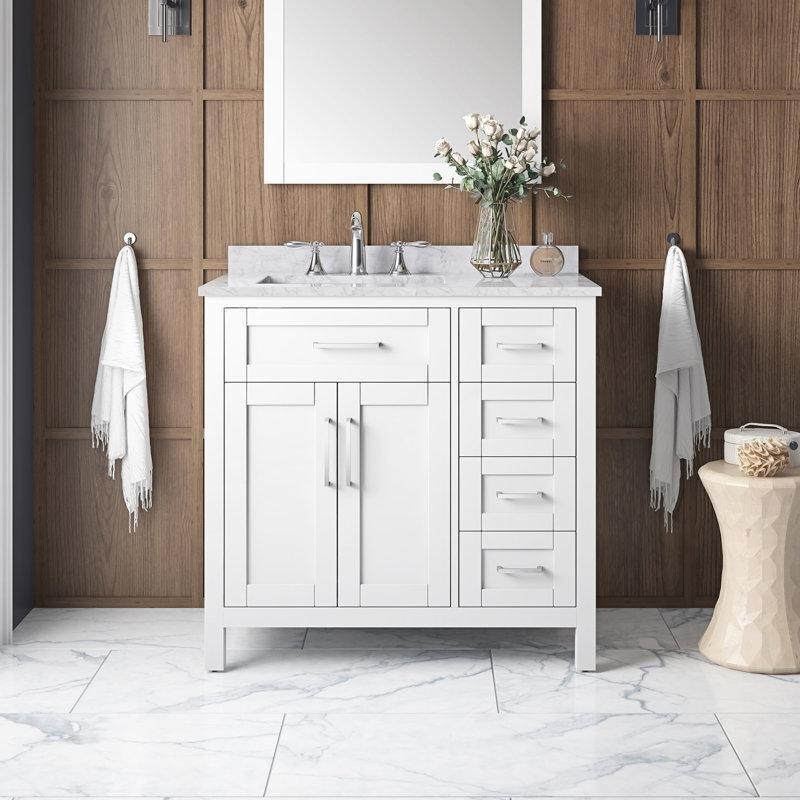 Beyaz Mermer Tezgahlı Masif Ahşap Çekmeceli Banyo Lavabo Dolabı - 92 cm - 201326