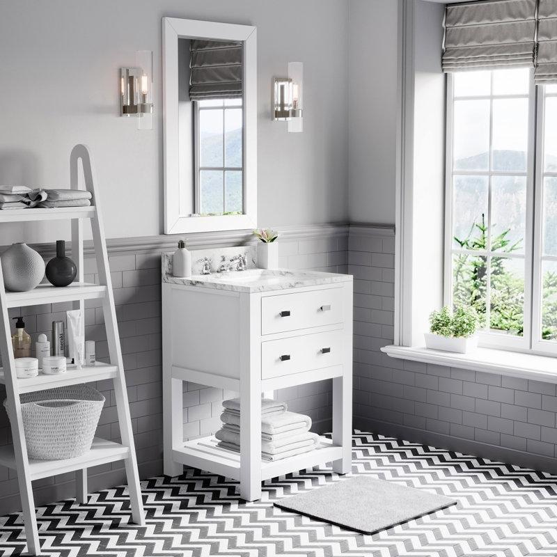 Beyaz Mermer Tezgahlı Masif Ahşap Çekmeceli Raflı Banyo Lavabo Dolabı - 61 cm - 201853