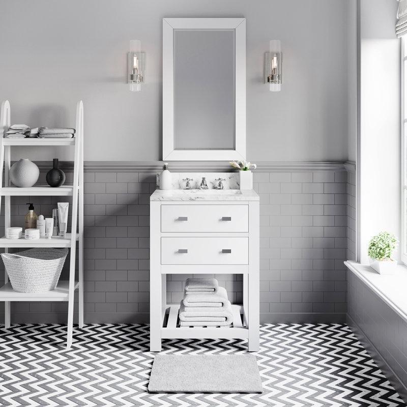 Beyaz Mermer Tezgahlı Masif Ahşap Çekmeceli Raflı Banyo Lavabo Dolabı - 61 cm - 201853
