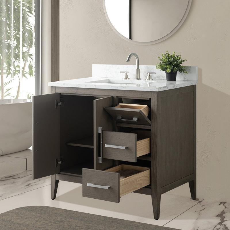 Beyaz Mermer Tezgahlı Masif Ahşap Çekmeceli Yavaş Kapanır Banyo Lavabo Dolabı - 92 cm - 198196