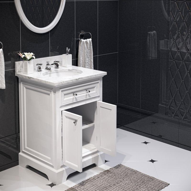 Beyaz Mermer Tezgahlı Masif Ahşap Çift Kapaklı Banyo Lavabo Dolabı - 61 cm - 202129