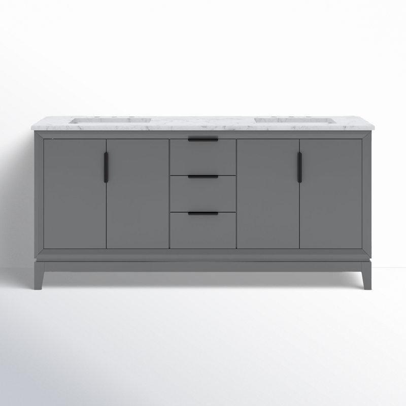 Beyaz Mermer Tezgahlı Masif Ahşap Çift Lavabolu Ayaklı Banyo Dolabı - 183 cm - 199789