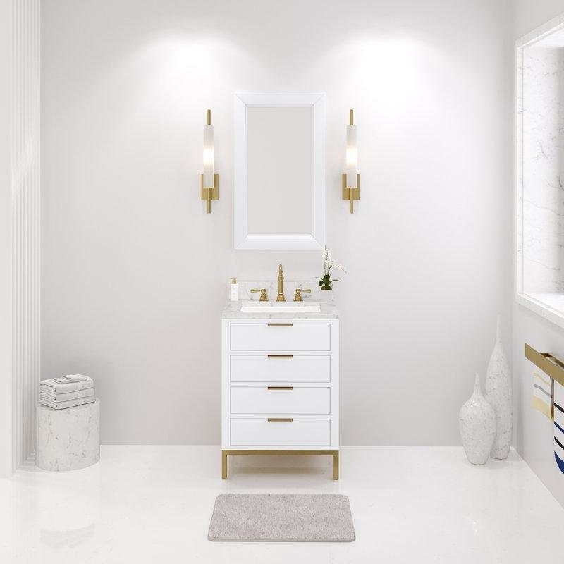 Beyaz Mermer Tezgahlı Masif Ahşap Gold Ayaklı Çekmeceli Banyo Lavabo Dolabı - 61 cm - 199024