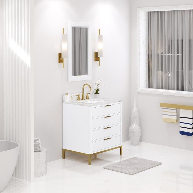 Beyaz Mermer Tezgahlı Masif Ahşap Gold Ayaklı Çekmeceli Banyo Lavabo Dolabı - 77 cm - 199660