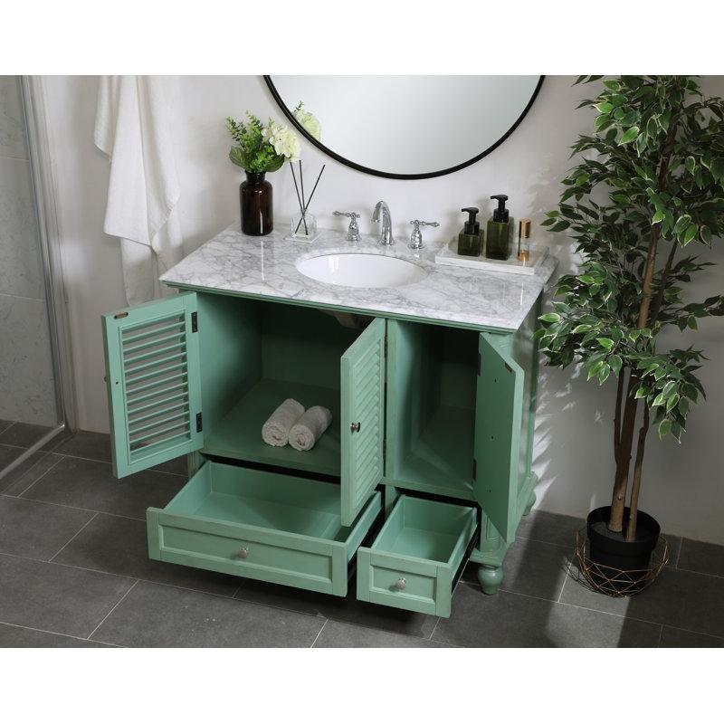 Beyaz Mermer Tezgahlı Masif Ahşap Panjurlu Ayaklı Banyo Lavabo Dolabı - 107 cm - 201094