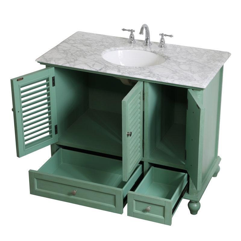 Beyaz Mermer Tezgahlı Masif Ahşap Panjurlu Ayaklı Banyo Lavabo Dolabı - 107 cm - 201094