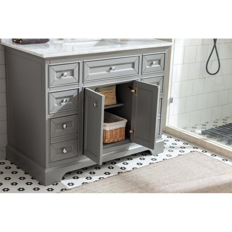 Beyaz Mermer Tezgahlı Masif Ahşap Yavaş Kapanır Çekmeceli Banyo Lavabo Dolabı - 110 cm - 200481