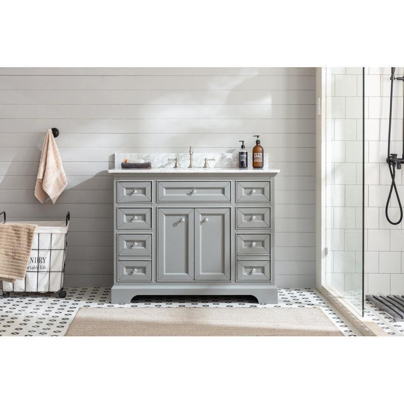 Beyaz Mermer Tezgahlı Masif Ahşap Yavaş Kapanır Çekmeceli Banyo Lavabo Dolabı - 110 cm - 200481