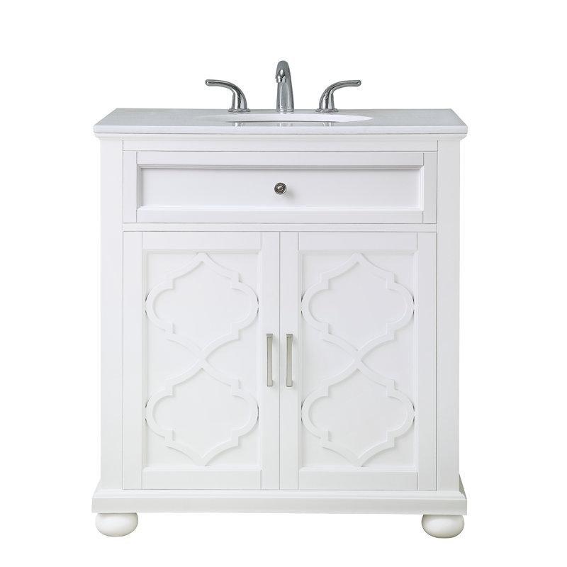 Beyaz Mermer Tezgahlı Masif Ahşap Yonca Motifli Ayaklı Banyo Lavabo Dolabı - 79 cm - 199537