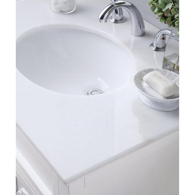 Beyaz Mermer Tezgahlı Masif Ahşap Yonca Motifli Ayaklı Banyo Lavabo Dolabı - 79 cm - 199537