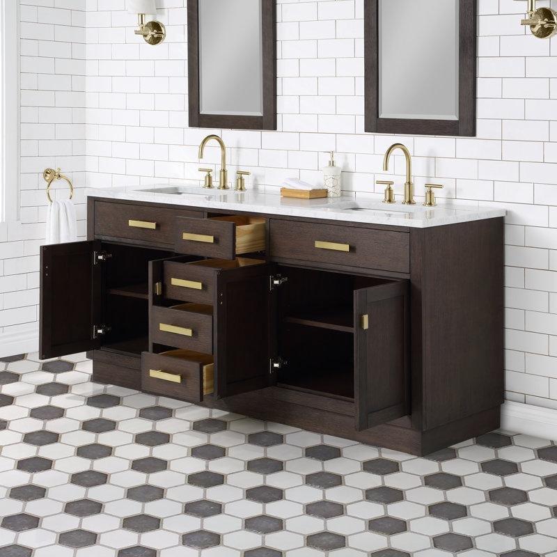 Beyaz Mermer Tezgahlı Masif Huş Ağacı Gold Kulplu İkili Banyo Lavabo Dolabı - 183 cm - 197610