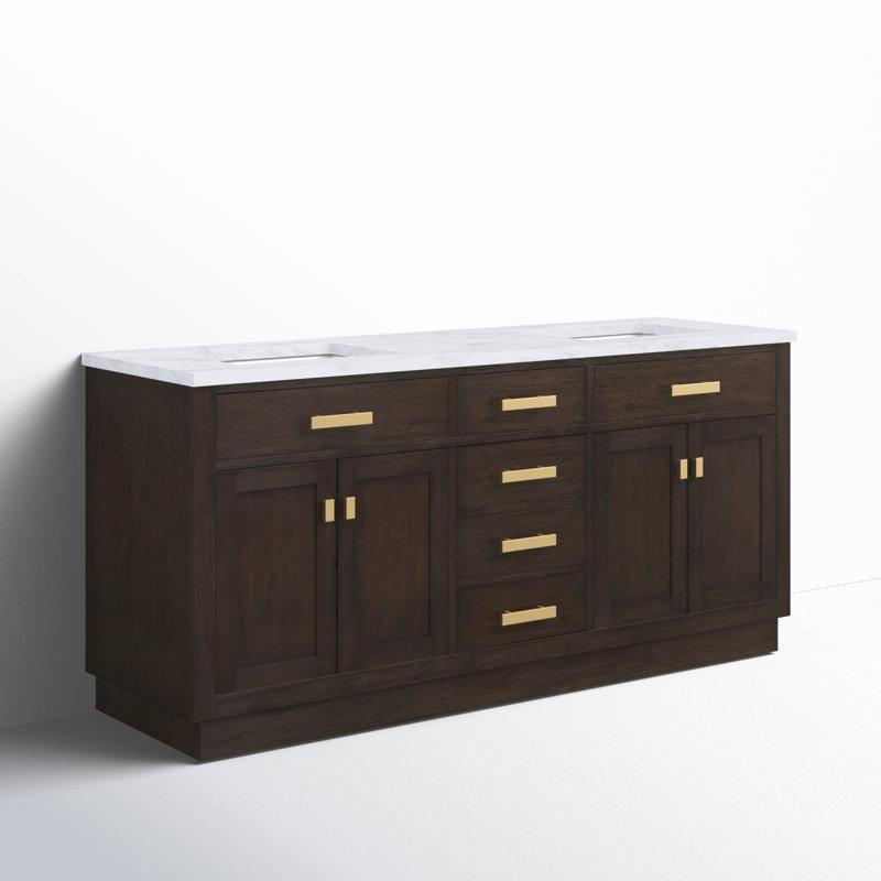 Beyaz Mermer Tezgahlı Masif Huş Ağacı Gold Kulplu İkili Banyo Lavabo Dolabı - 183 cm - 197610