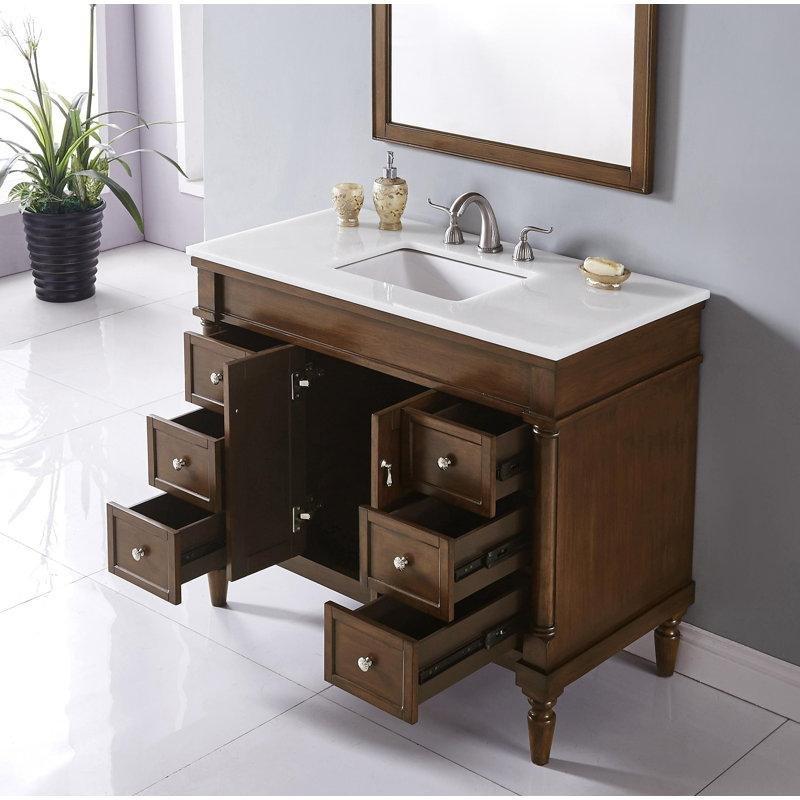 Beyaz Mermer Tezgahlı Masif Huş Ağacı Yavaş Kapanır 6 Çekmeceli Banyo Lavabo Dolabı - 107 cm - 198775