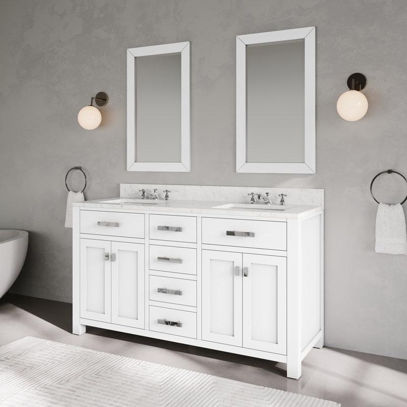 Beyaz Mermer Tezgahlı Masif Kavak Ağacı İkili Lavabolu Ayaklı Banyo Dolabı - 153 cm - 201521