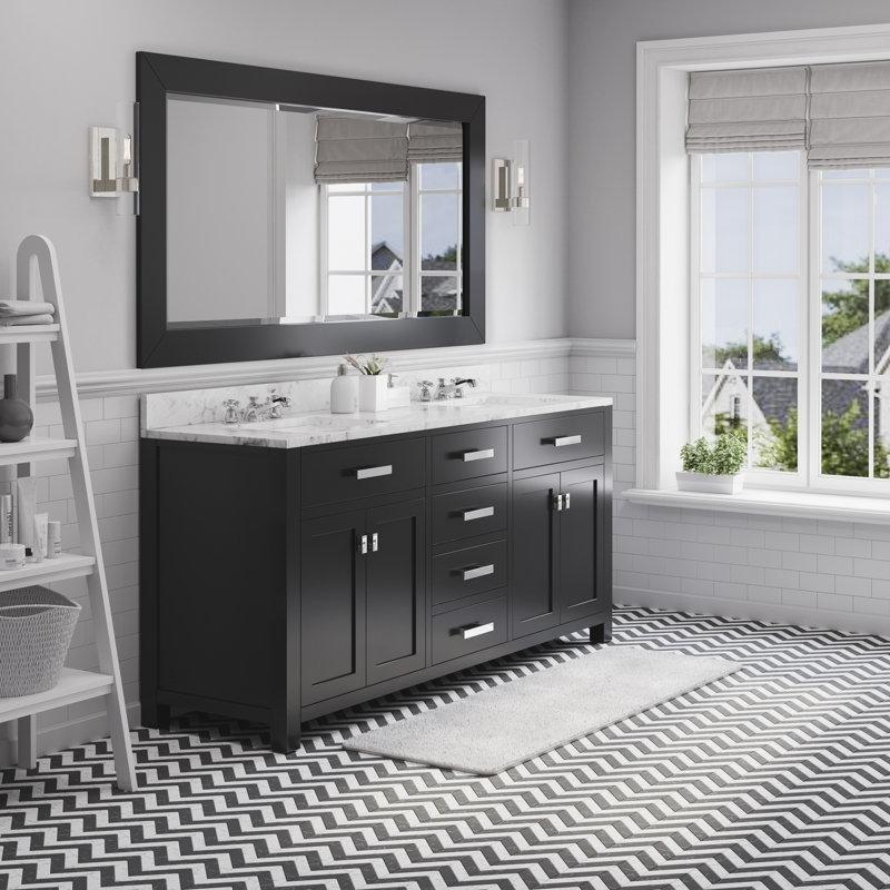 Beyaz Mermer Tezgahlı Masif Kavak Ağacı İkili Lavabolu Yavaş Kapanır Banyo Lavabo Dolabı - 183 cm - 201960