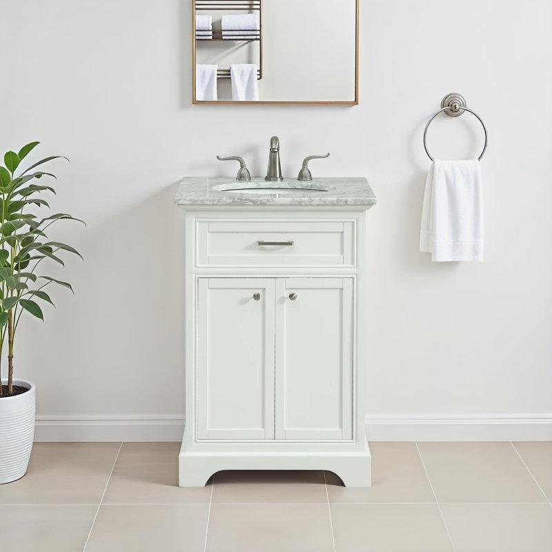 Beyaz Mermer Tezgahlı Yavaş Kapanır Kapaklı Masif Ahşap Banyo Lavabo Dolabı - 61 cm - 200642