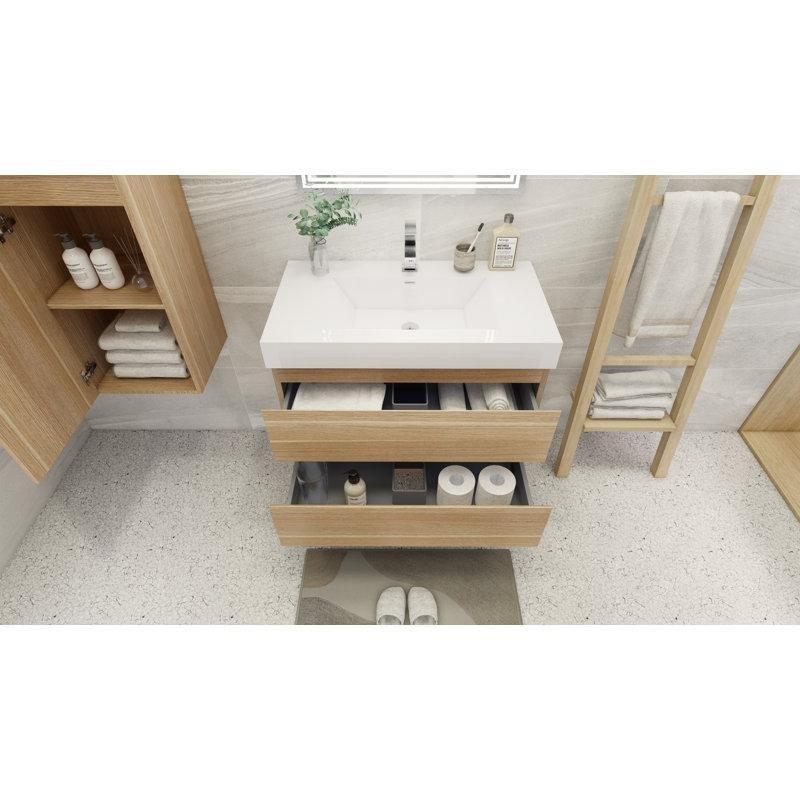 Beyaz Meşe Duvara Monte Akrilik Entegre Lavabolu Çekmeceli Banyo Lavabo Dolabı - 90 cm - 199328