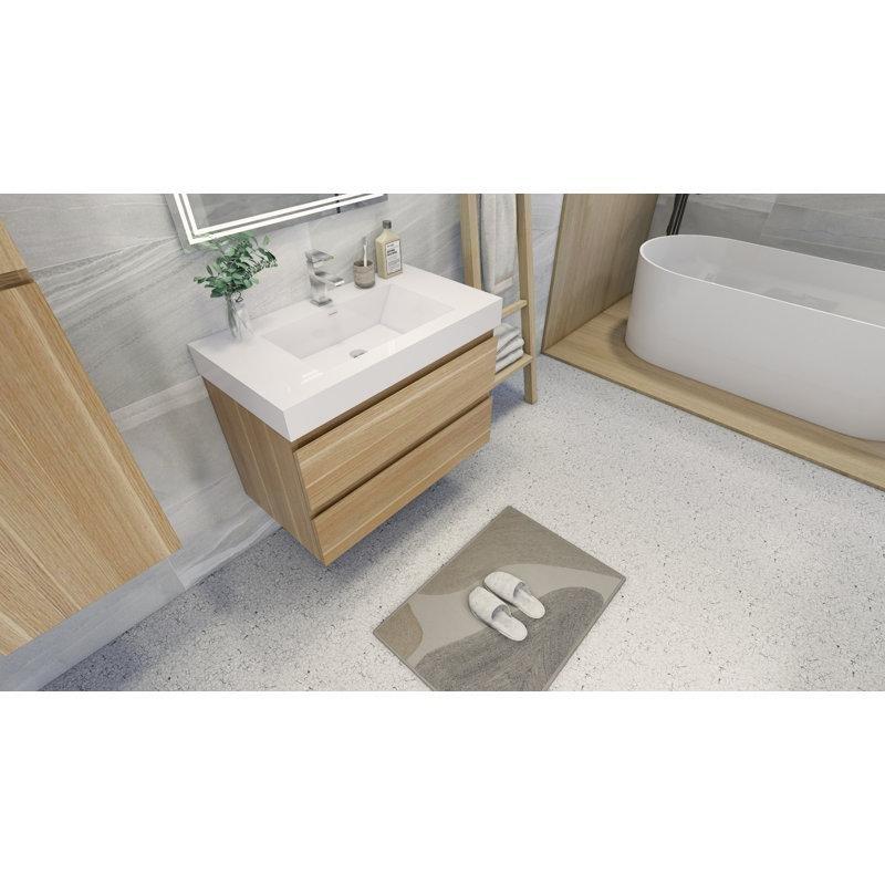 Beyaz Meşe Duvara Monte Akrilik Entegre Lavabolu Çekmeceli Banyo Lavabo Dolabı - 90 cm - 199328