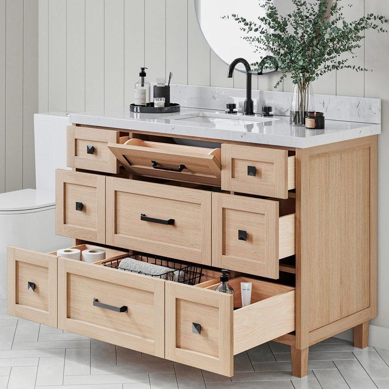 Beyaz Meşe Masif Ahşap Kuvars Tezgahlı 9 Çekmeceli Banyo Lavabo Dolabı - 123 cm - 198808