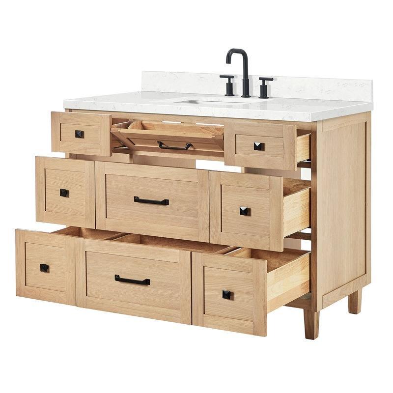 Beyaz Meşe Masif Ahşap Kuvars Tezgahlı 9 Çekmeceli Banyo Lavabo Dolabı - 123 cm - 198808