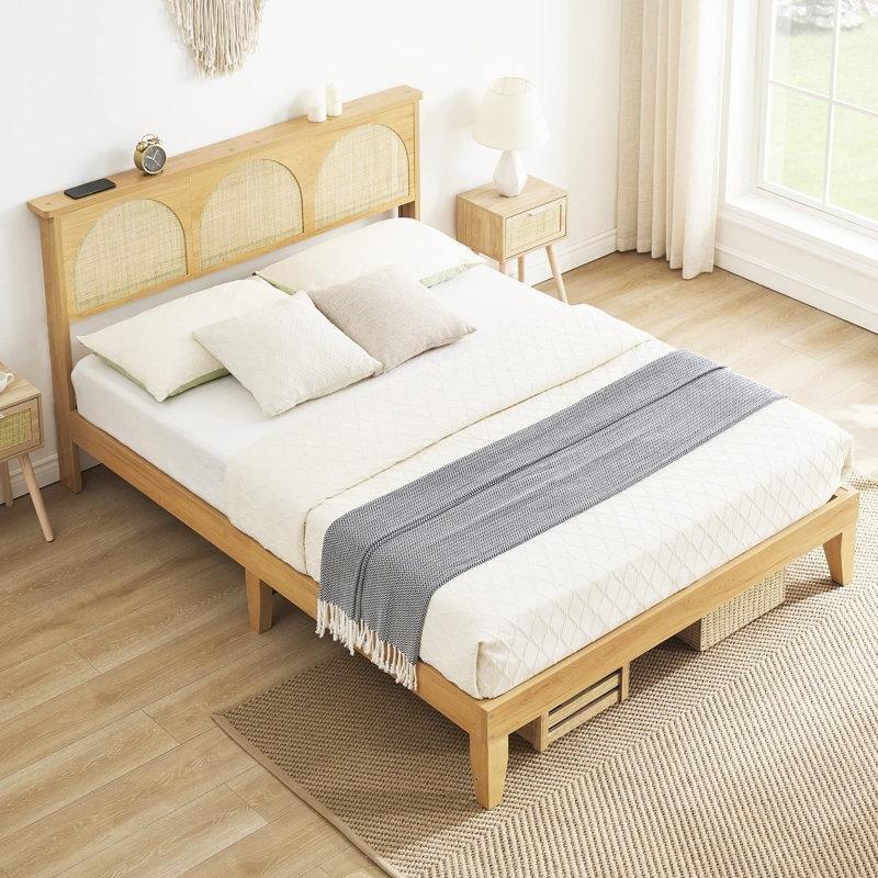 Beyaz Meşe Masif Ahşap Rattan LED Aydınlatmalı Raflı Bohem Karyola - 154x214 cm - 181926