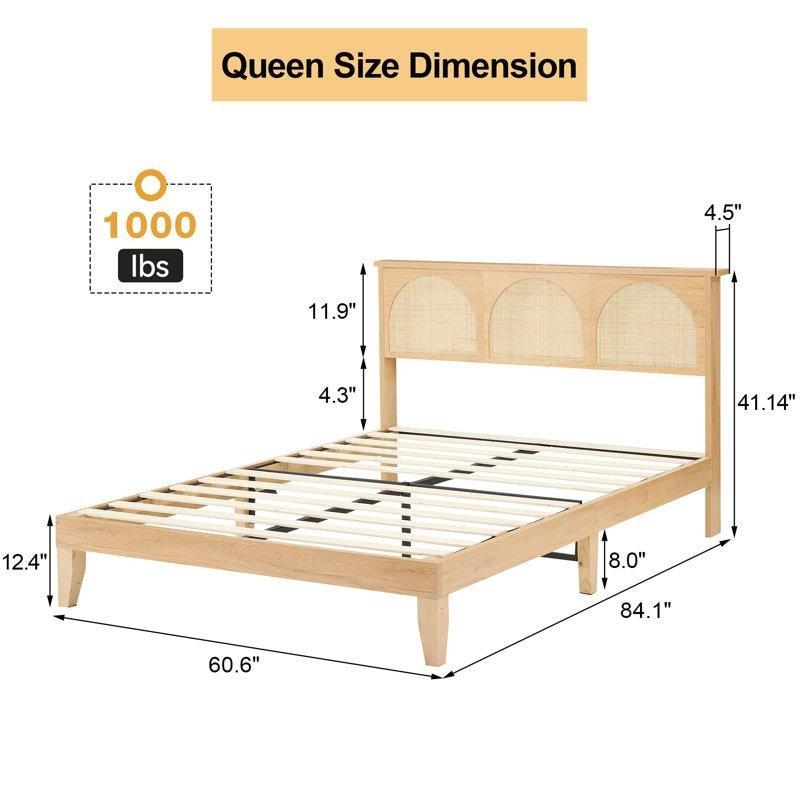 Beyaz Meşe Masif Ahşap Rattan LED Aydınlatmalı Raflı Bohem Karyola - 154x214 cm - 181926