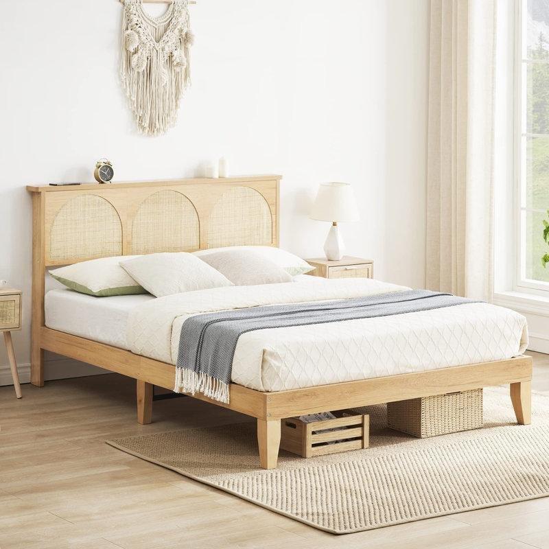 Beyaz Meşe Masif Ahşap Rattan LED Aydınlatmalı Raflı Bohem Karyola - 154x214 cm - 181926