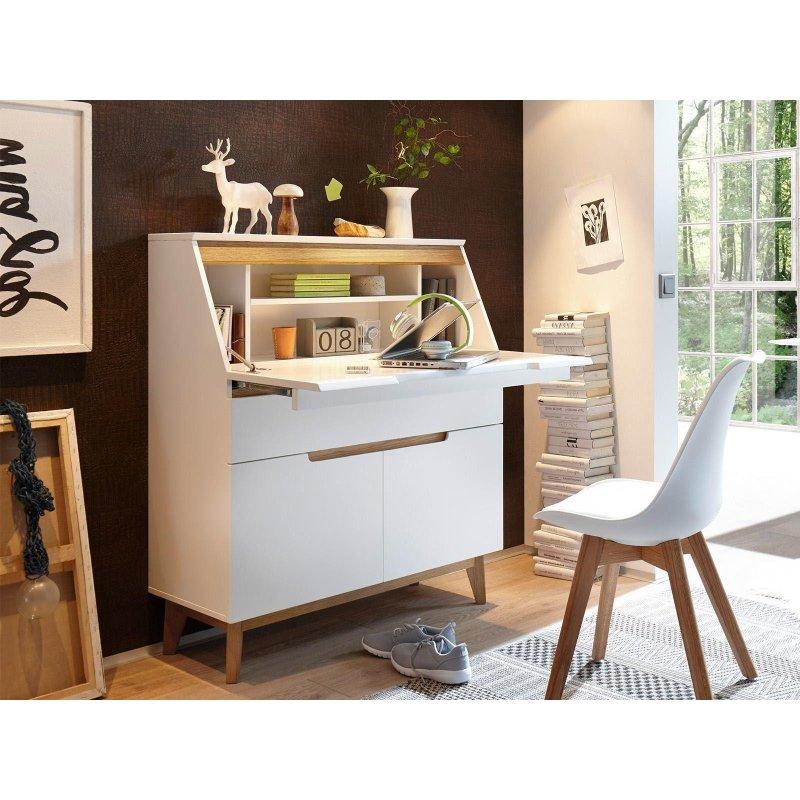 Beyaz Meşe MDF ve Masif Ahşap Kapaklı Çekmeceli Vintage Çalışma Masası - 97 cm - 234997