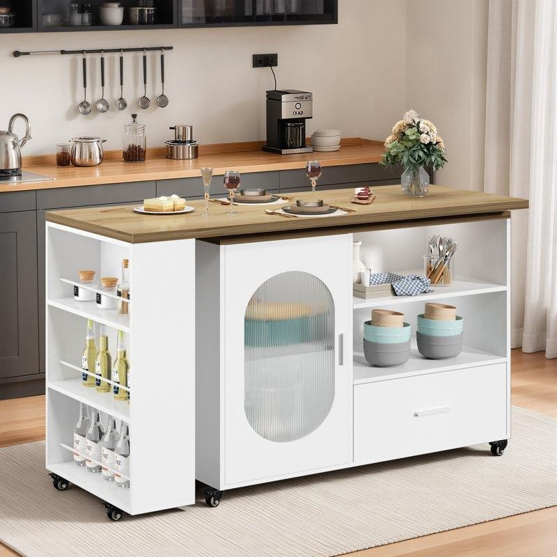 Beyaz Meşe ve Meşe MDF Tekerlekli Çekmeceli Mutfak Adası - 176438